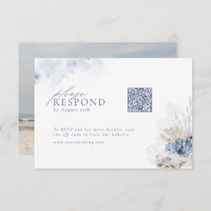 Blue coral & seashells beach wedding QR code  RSVP Card