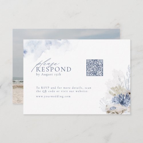 Blue coral  seashells beach wedding QR code  RSVP Card