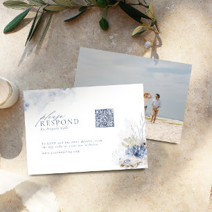 Blue coral & seashells beach wedding QR code  RSVP Card