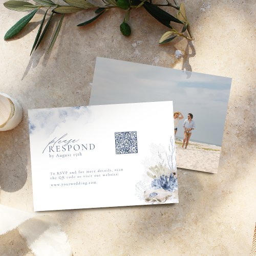 Blue coral & seashells beach wedding QR code RSVP Card
