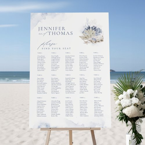 Blue Coral  Seashells Beach Wedding Seating Chart Foam Board