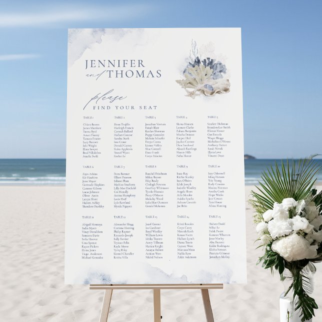 Blue Coral & Seashells Beach Wedding Seating Chart Foam Board (Blue Coral & Seashells Beach Wedding Seating Chart Foam Board)