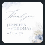Blue Coral & Seashells Beach Wedding Thank You Square Sticker<br><div class="desc">Elegant under the sea themed beach wedding thank you favor stickers feature dusty blue watercolor coral & seashells,  stylish script and classy font details,  modern and romantic,  great for sea themed summer beach wedding,  winter tropical destination wedding,  coastal ocean themed party. 
See all the matching pieces in collection.</div>