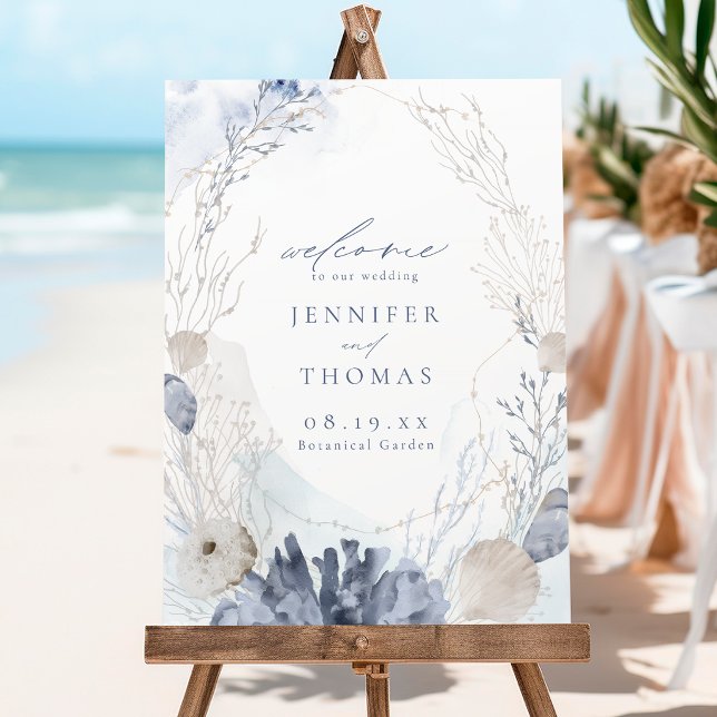 Blue Coral & Seashells Beach Wedding Welcome Sign (Blue Coral & Seashells Beach Wedding Welcome Sign)