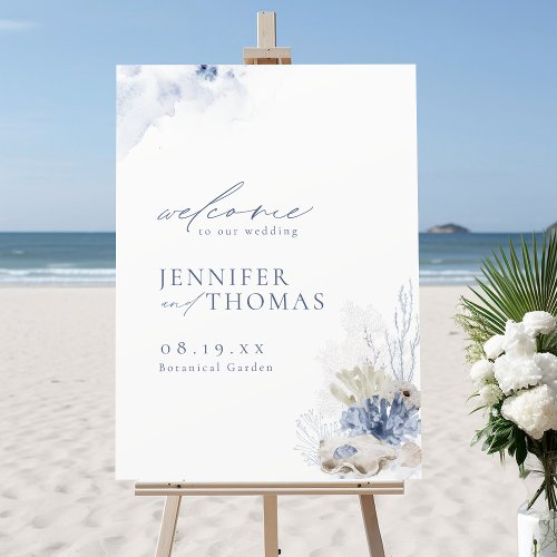 Blue Coral  Seashells Beach Wedding Welcome Sign