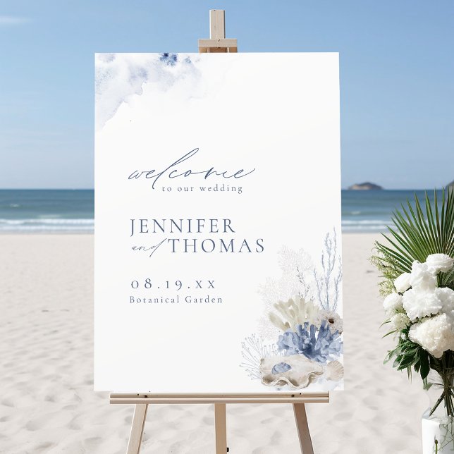 Blue Coral & Seashells Beach Wedding Welcome Sign (Blue Coral & Seashells Beach Wedding Welcome Sign)