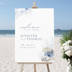 Blue Coral & Seashells Beach Wedding Welcome Sign