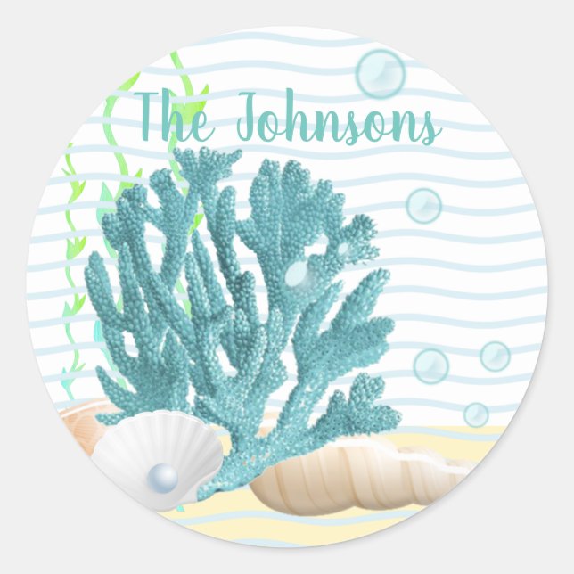 Blue Coral, Seashells & Blue Pearl Classic Round Sticker (Front)