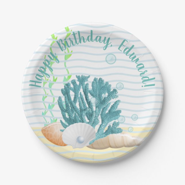 Blue Coral, Seashells & Blue Pearl Paper Plates (Front)