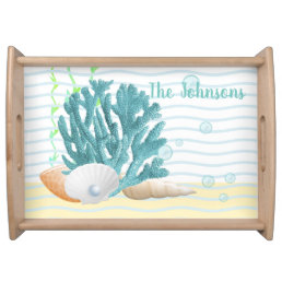 Blue Coral, Seashells &amp; Blue Pearl Serving Tray