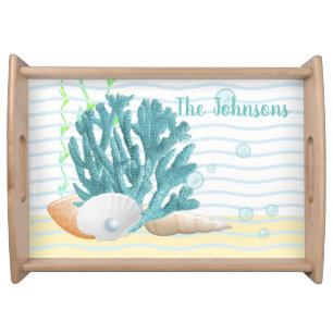 Blue Coral, Seashells & Blue Pearl Serving Tray