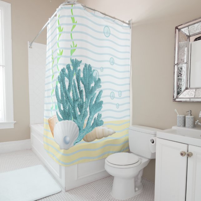 Blue Coral, Seashells & Blue Pearl Shower Curtain (In Situ)
