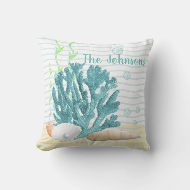Blue Coral, Seashells & Blue Pearl Throw Pillow (Front)
