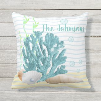 Blue Coral, Seashells & Blue Pearl Throw Pillow