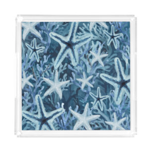 Blue Coral Starfish Beachy Pattern Acrylic Tray