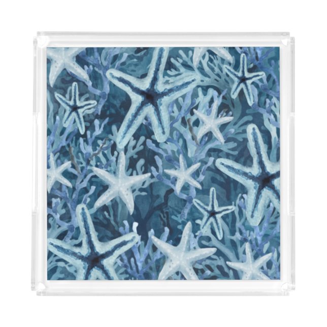 Blue Coral Starfish Beachy Pattern Acrylic Tray (Front)