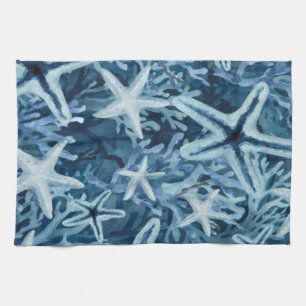 Blue Coral Starfish Beachy Pattern Kitchen Towel