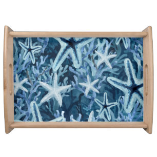 Blue Coral Starfish Beachy Pattern Serving Tray