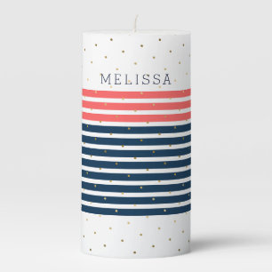 Blue & Coral Stripes & Gold Polkadots Pattern Pillar Candle