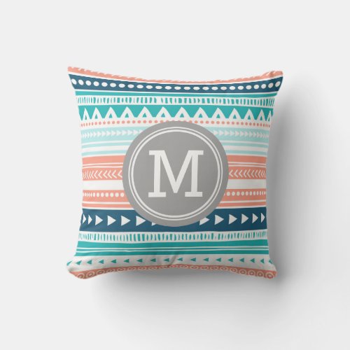 Blue Coral Tribal Monogram Decorative Pillow