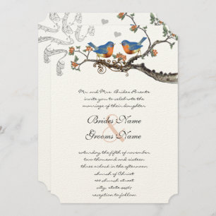 Blue Coral Vintage Bluebirds Wedding Invitations