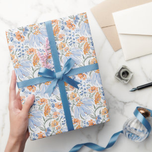 Blue & Coral Watercolor Floral Garden Wrapping Paper
