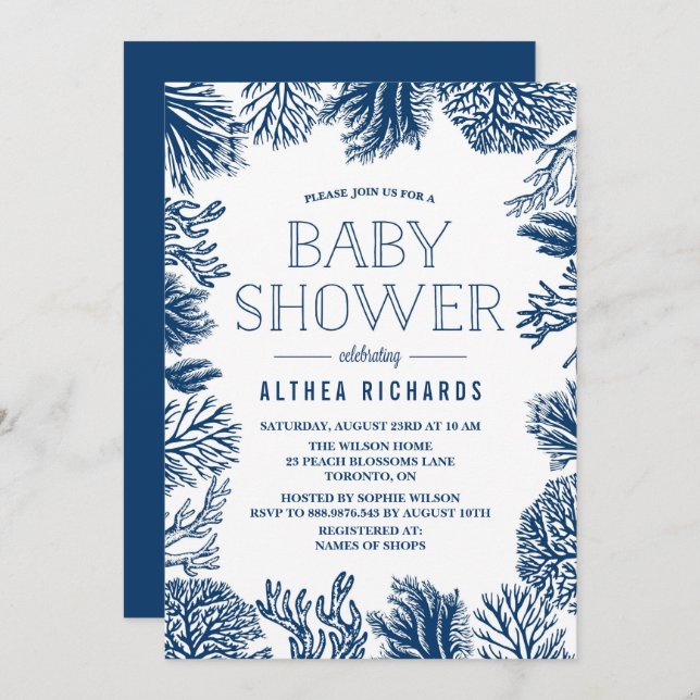 Blue Corals Frame Summer Baby Showerd Invitation (Front/Back)