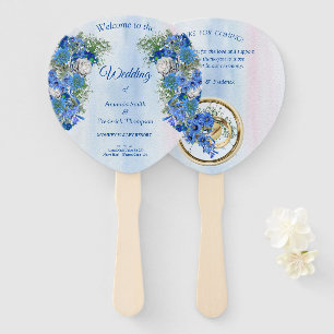 Blue Corn Flowers & White Roses bouquets Hand Fan