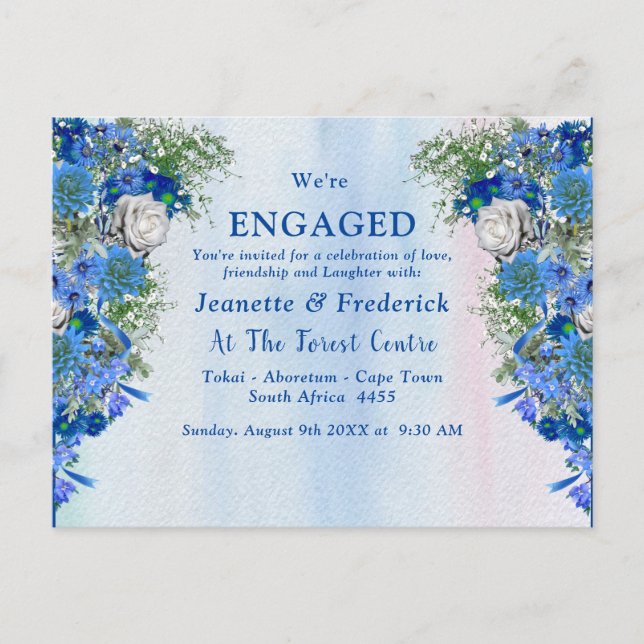 Blue Corn Flowers & White Roses Engagement Invitation Postcard (Front)
