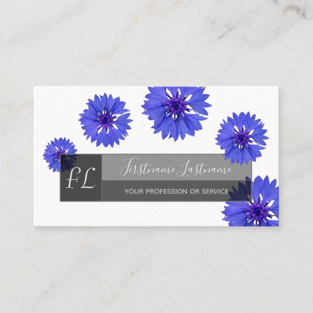 Blue cornflower blossom gray rectangle monogram business card (Front)