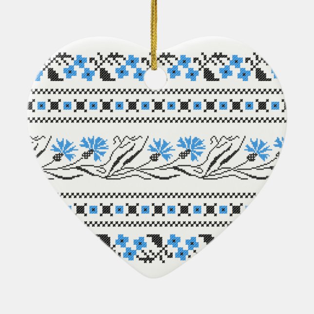 Blue Cornflower cross-stitch design Ceramic Ornament (Back)