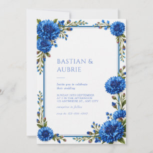 Blue Cornflower Floral Border Wedding Invitation