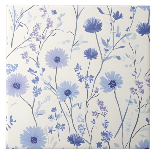Blue Cornflower Floral Ceramic Tile (Front)