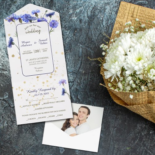 Blue Cornflower Photo Wedding All In One Invitation
