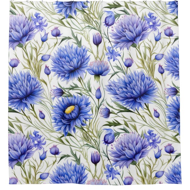 Blue Cornflower Seamless Pattern, Blue Floral Shower Curtain (Front)