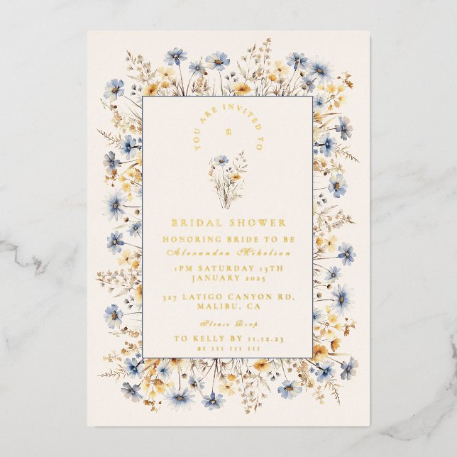 Blue Cornflower Wildflower Bridal Shower Foil Invitation (Front)