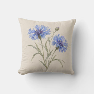 Blue Cornflowers Cream Botanical Watercolor Throw Pillow