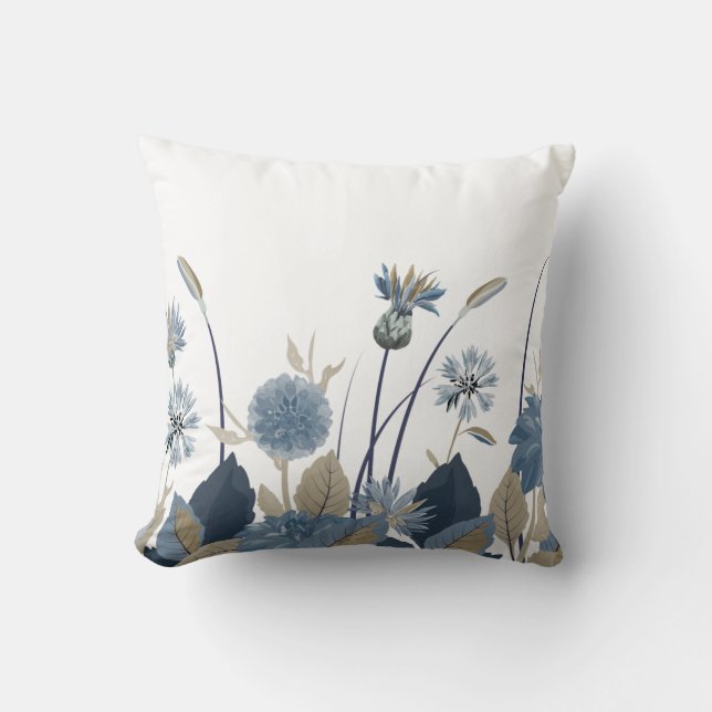 Blue Cornflowers, Dahlias, Thistles Throw Pillow (Front)