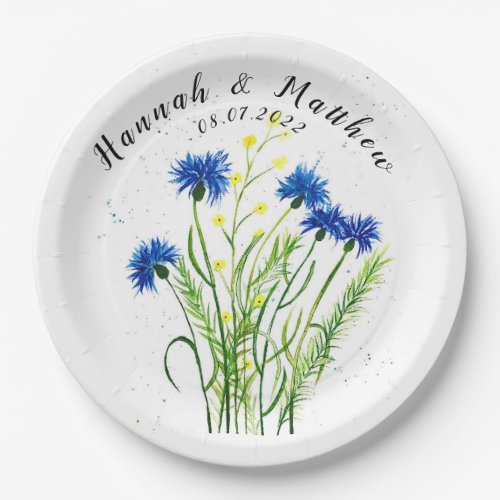 Blue cornflowers floral watercolor pretty Wedding  Paper Plates