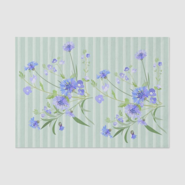 Blue Cornflowers on Stripe Floral Tissue Paper (Front)