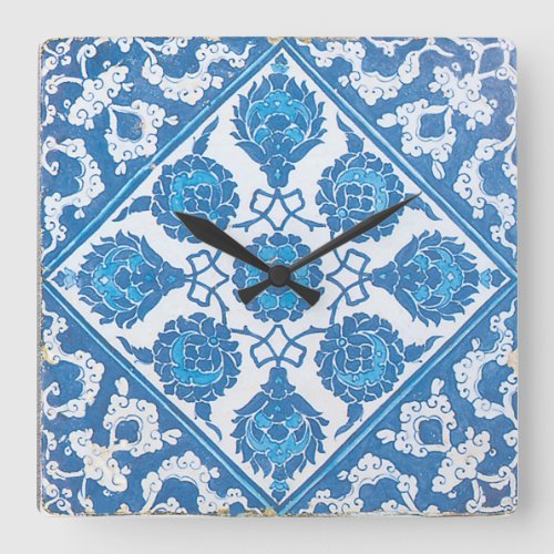 Blue Cornflowers Vintage Blue White Tile Square Wall Clock