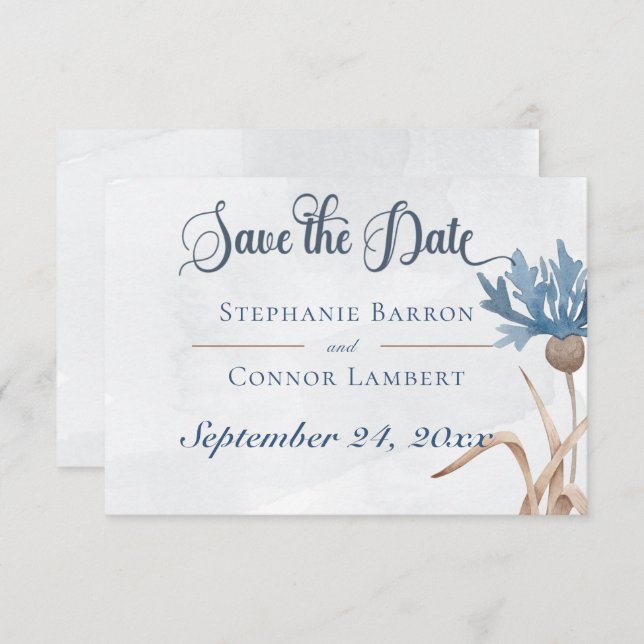 Blue Cornflowers & Wheat Field Blue Wedding Save The Date (Front/Back)