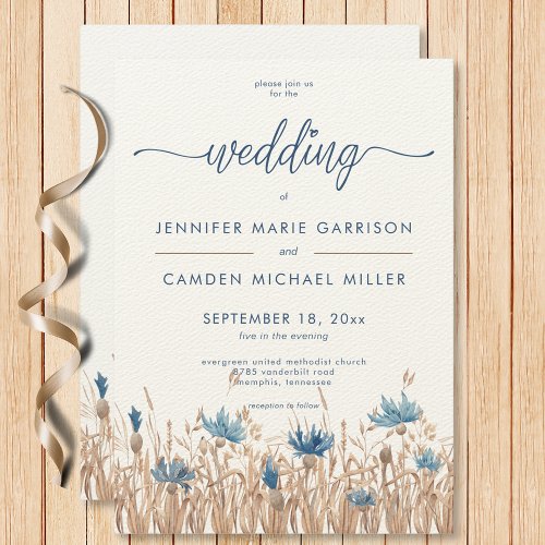 Blue Cornflowers Wheat Field Cream Modern Wedding Invitation