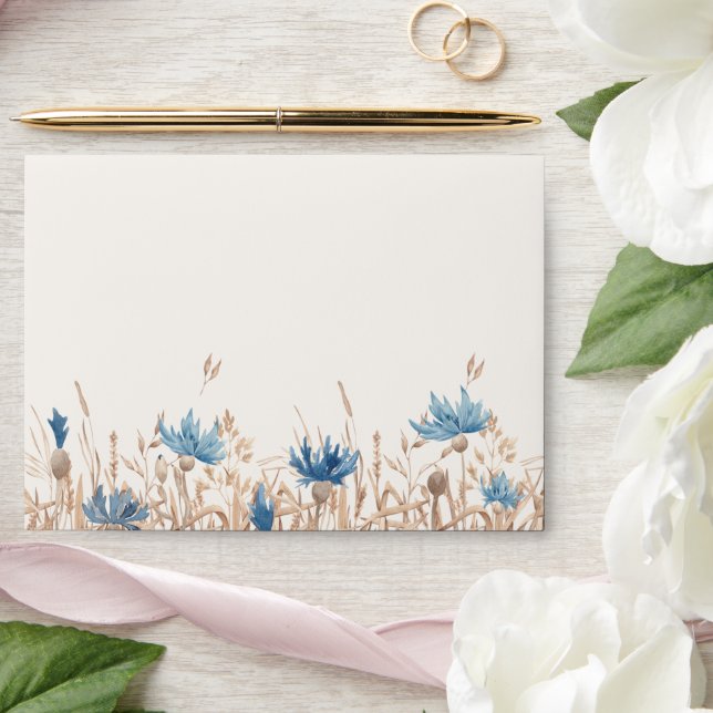 Blue Cornflowers & Wheat Field Cream Wedding Envelope (Wedding)
