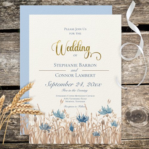 Blue Cornflowers  Wheat Field Cream Wedding Invitation