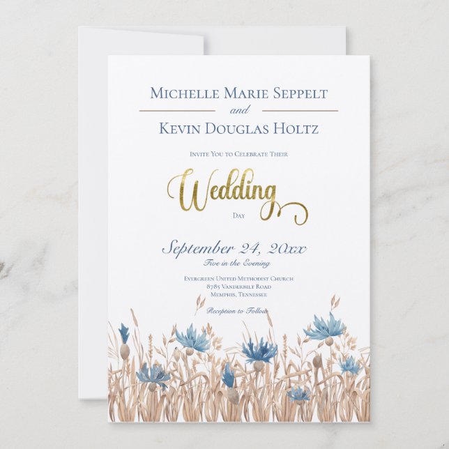 Blue Cornflowers & Wheat Field Cream Wedding Invitation (Front)