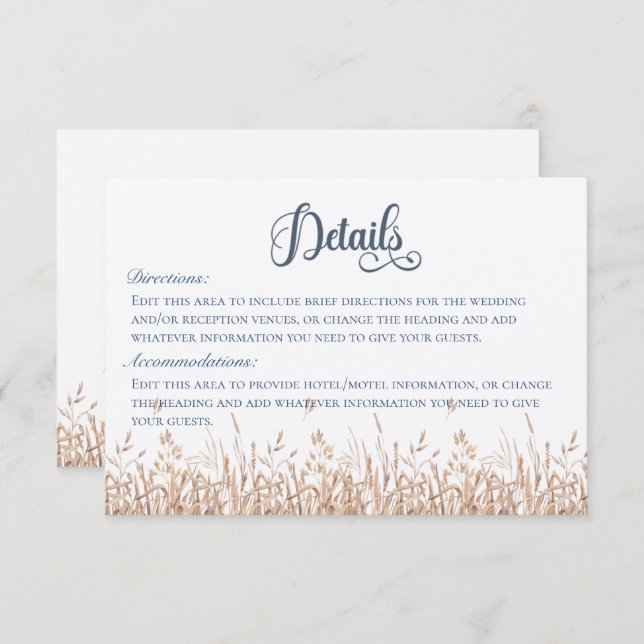 Blue Cornflowers & Wheat Field Details Wedding Enclosure Card (Front/Back)