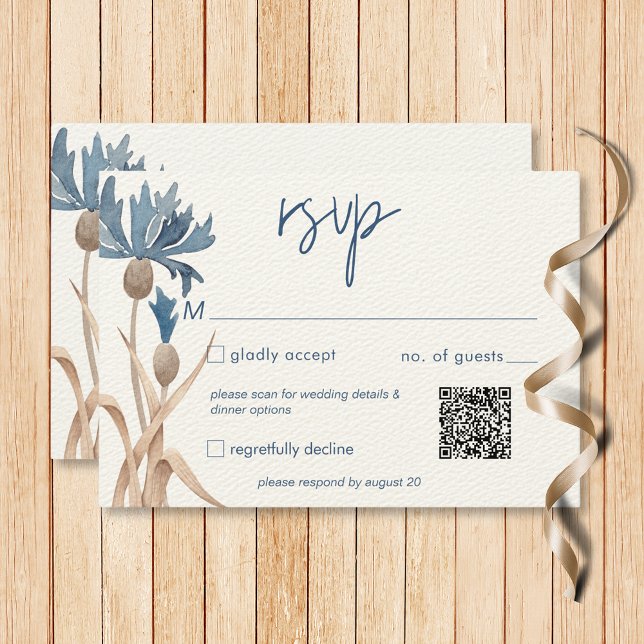 Blue Cornflowers & Wheat Field Modern QR Code RSVP Card (Blue Cornflowers & Wheat Field Modern QR Code RSVP Card)