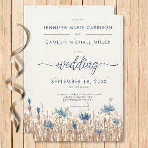 Blue Cornflowers & Wheat Field Modern Wedding Invitation