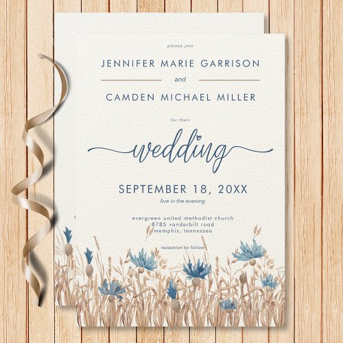 Blue Cornflowers  Wheat Field Modern Wedding Invitation